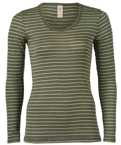 Dames Shirt Gestreept Lange Mouw Zijde Wol Engel Natur Kleur Olijf gestreept Maat 42/44 - Large