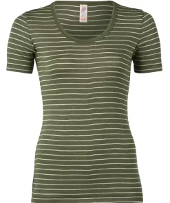 Dames T-Shirt Gestreept Zijde Wol Engel Natur Kleur Olijf gestreept Maat 46/48 - Extra Large