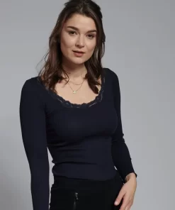 Rib Shirt met Kant Zijde Katoen Lange Mouw Kokon Zwo Kleur Navy blauw Maat Extra Large