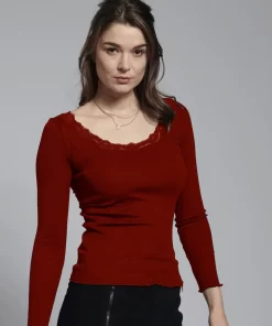 Rib Shirt met Kant Zijde Katoen Lange Mouw Kokon Zwo Kleur Bordeauxrood Maat Extra Large