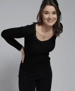 Rib Shirt met Kant Zijde Katoen Lange Mouw Kokon Zwo Kleur Zwart Maat Extra Large