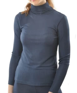 Zijden Dames Rib Colshirt Lange Mouw Alkena Kleur Navy blauw Maat Extra Large