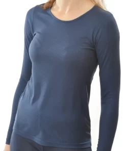 Zijden Dames Rib Shirt Lange Mouw Alkena Kleur Navy blauw Maat Small