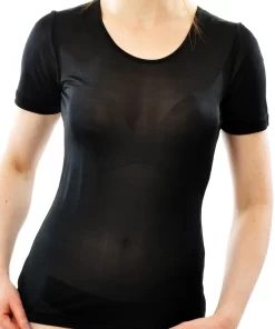 Zijden Dames T-Shirt met Ronde Hals Alkena Kleur Zwart Maat Large